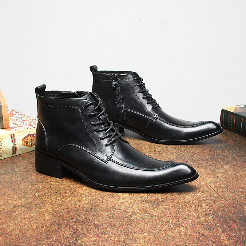 Black leather formal ankle boots, thick block heel, lace-up with side zipper, side view
