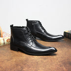 Black leather formal ankle boots, thick block heel, lace-up with side zipper, side view