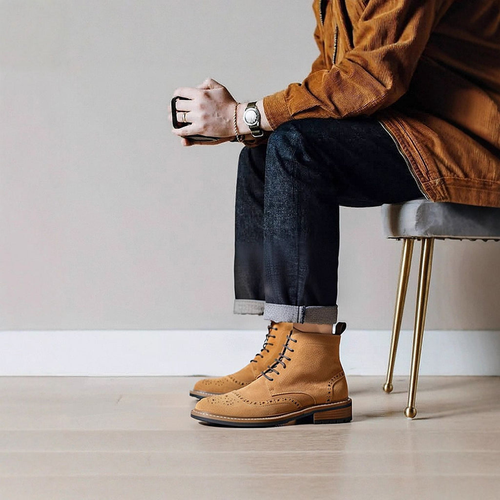 Men's Suede Wingtip Brogue Lace-Up Ankle Dress Boots