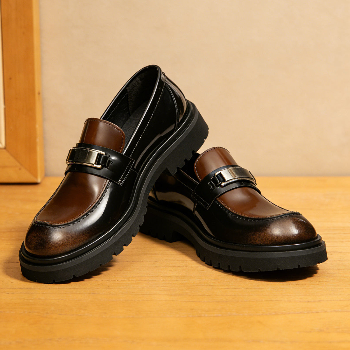 Men's Polished Round Toe Platform Leather Dress Loafers