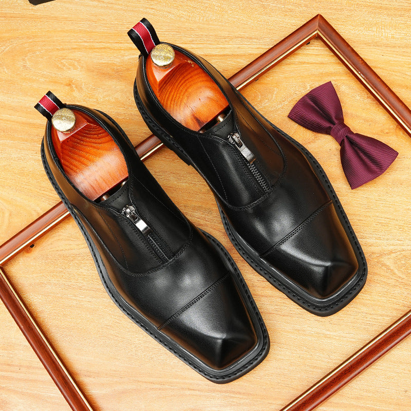 Men's Square Toe Zipper Chunky Sole Leather Loafers