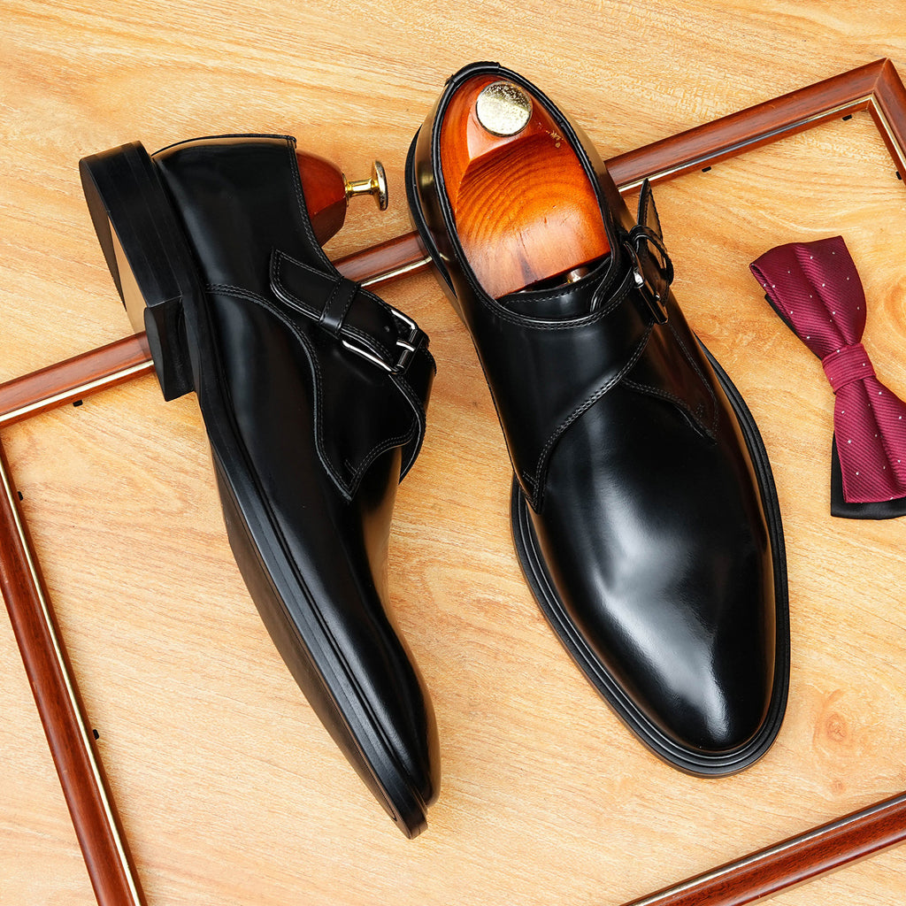 Men's Sleek Pointed Toe Single Monk Strap Leather Shoes