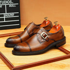 Men's Black Brown Pointed Cap Toe Single Monk Leather Shoes