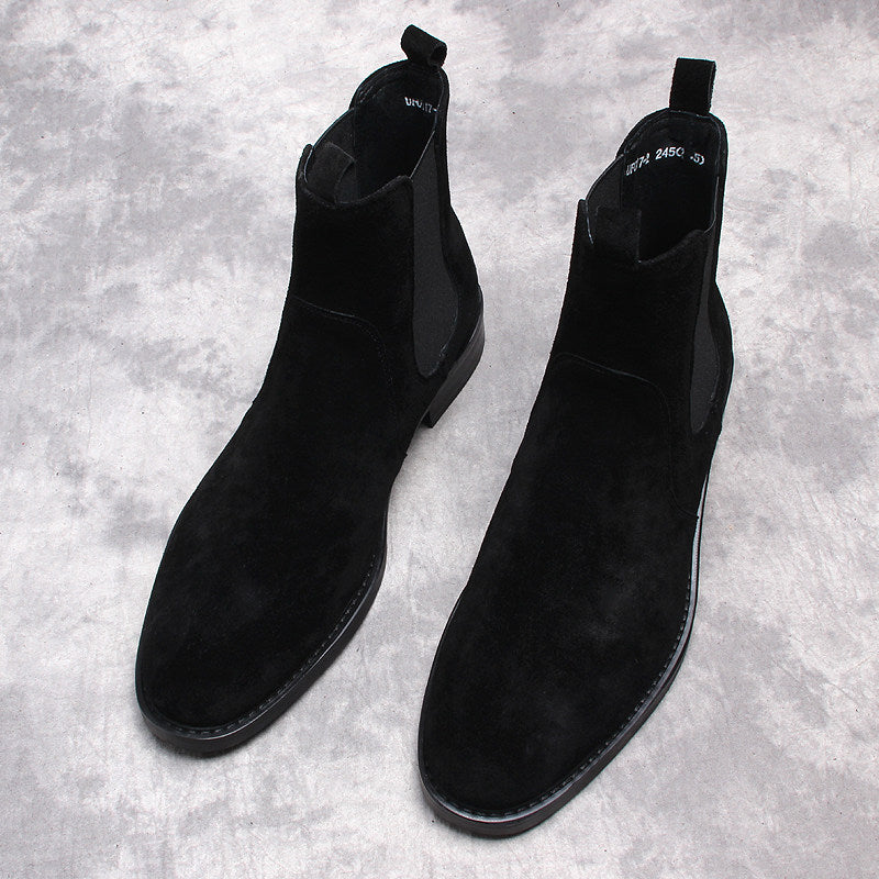 Black suede Chelsea dress boots with elastic side panels and pull tab