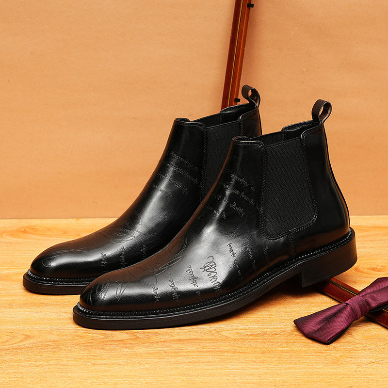 Men's Fashion Script Engraved Slip-On Chelsea Boots