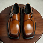 Men's Angular Square Toe Single Monk Strap Leather Shoes