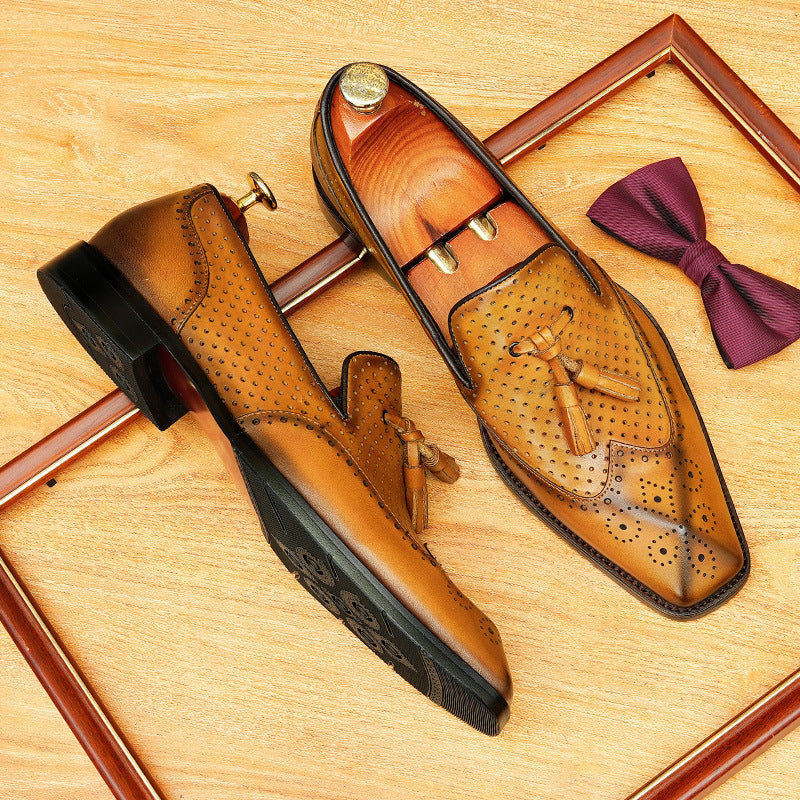 Men's Engraved-Style Leather Tassel Dress Loafers