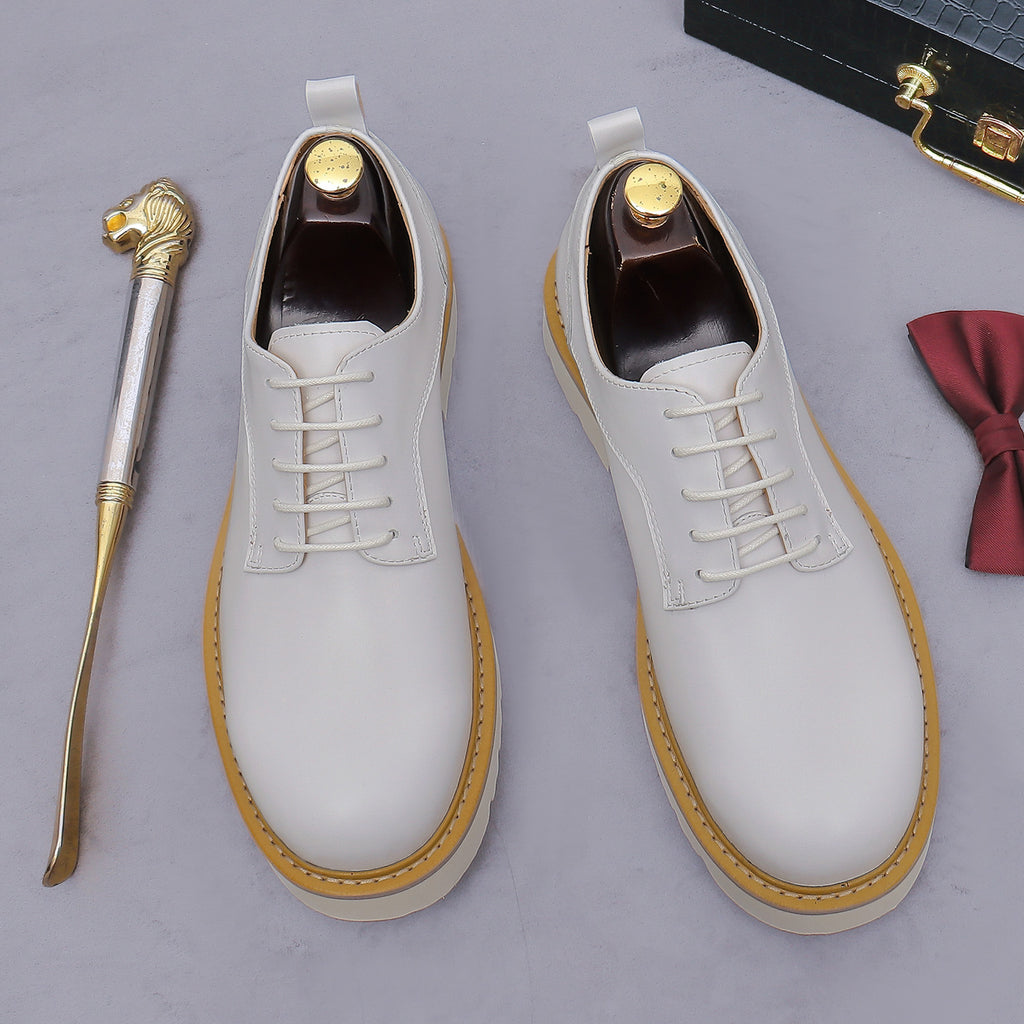 Men's pointed-toe leather derby dress shoes, white, lace-up shoes viewed from top