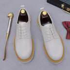 Men's pointed-toe leather derby dress shoes, white, lace-up shoes viewed from top