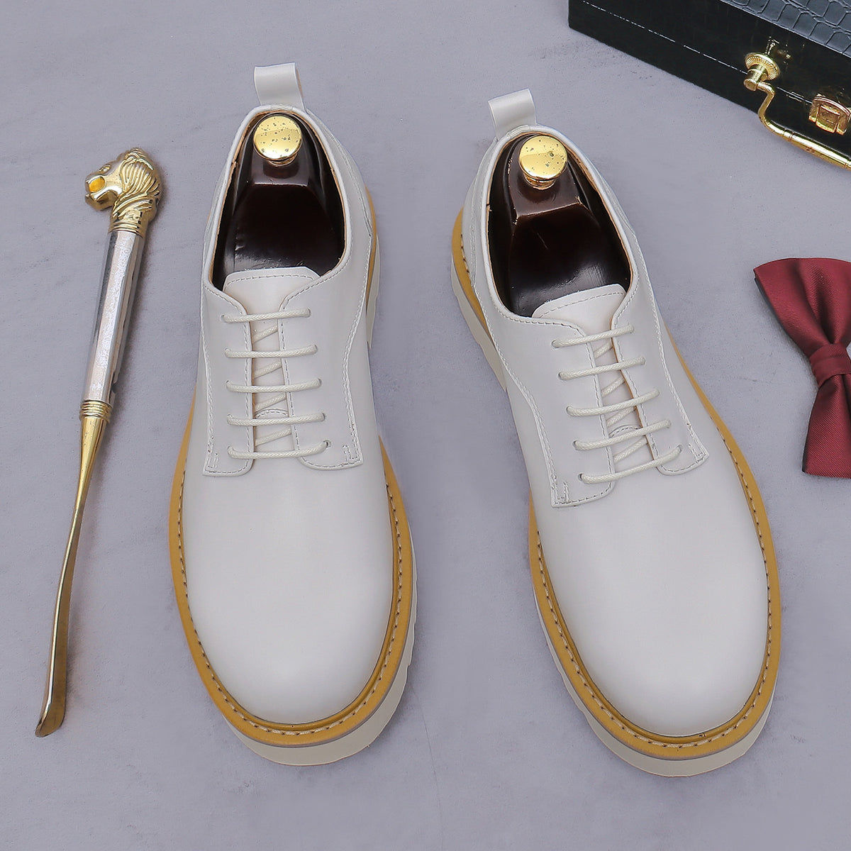 Men's pointed-toe leather derby dress shoes, white, lace-up shoes viewed from top