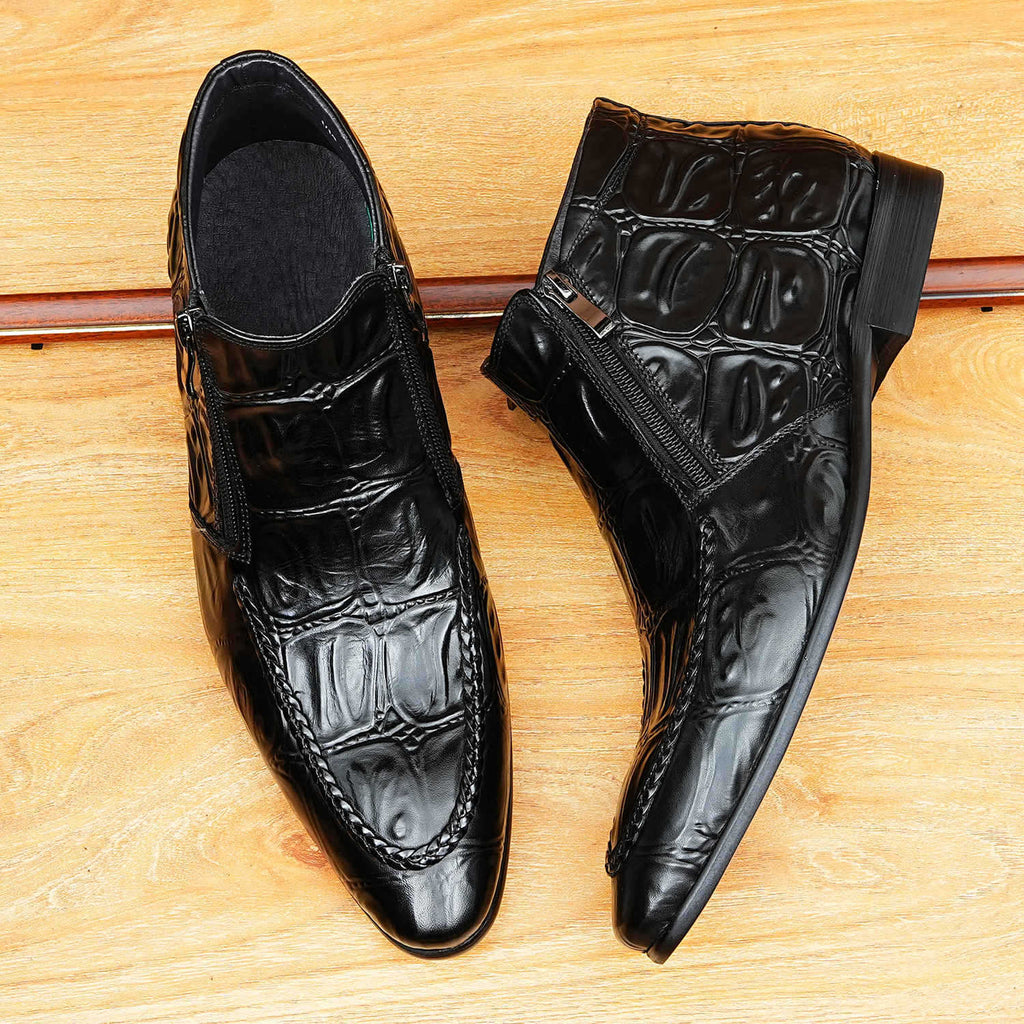 Men's Pointed Toe Croc Embossed Double-Zip Dress Boots