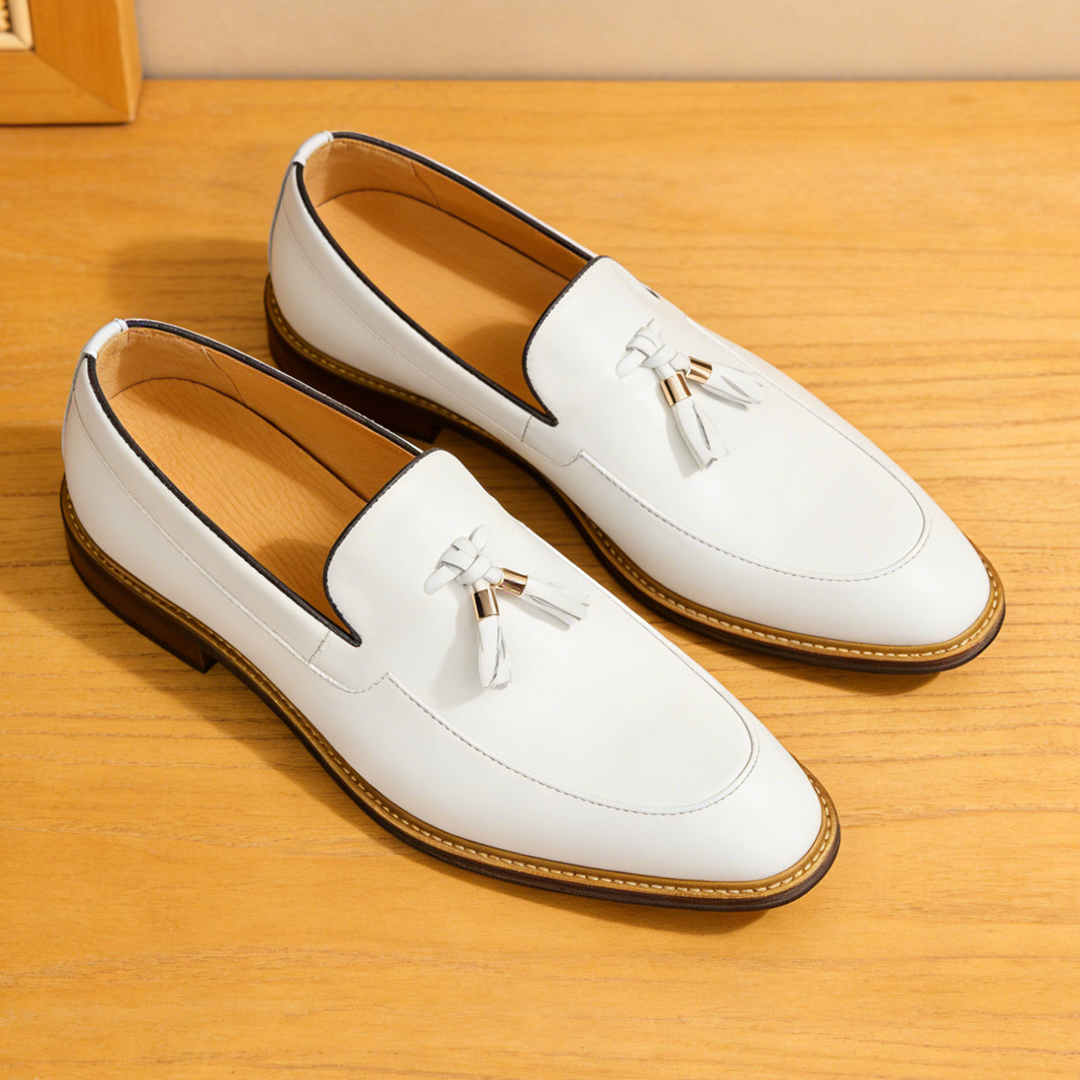 Men's White Tassel Platform Leather Casual Dress Loafers