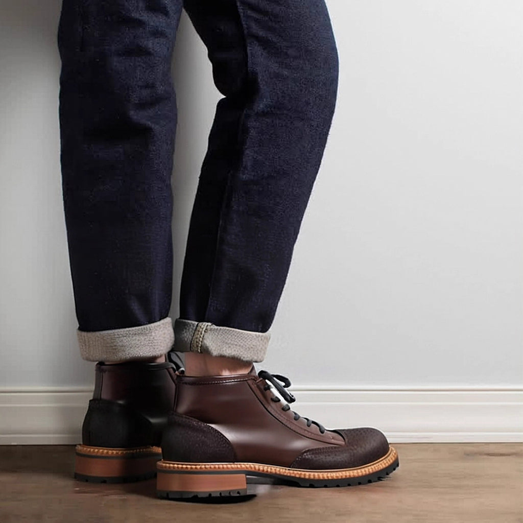 Men's Leather Textured Cap Toe Lug Sole Lace-Up Boots
