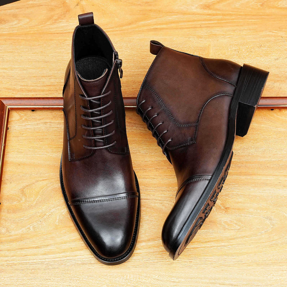Men's Cap Toe Decorative Lace-Up Leather Zip Boots