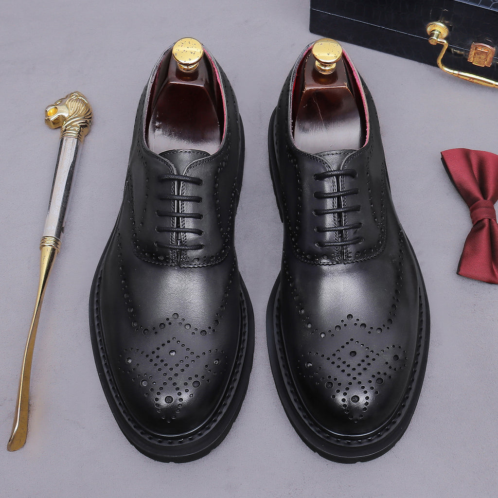 Men's chunky lug sole wingtip brogue oxfords, black pair, lace-up with perforated toe