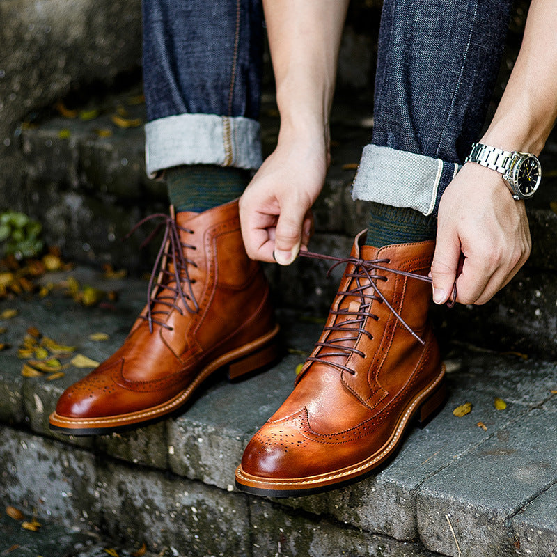Wingtip Brogue Leather Lug Sole Boots for Men