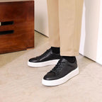Men's genuine leather low-top sneakers, black lace-up with thick white outsole