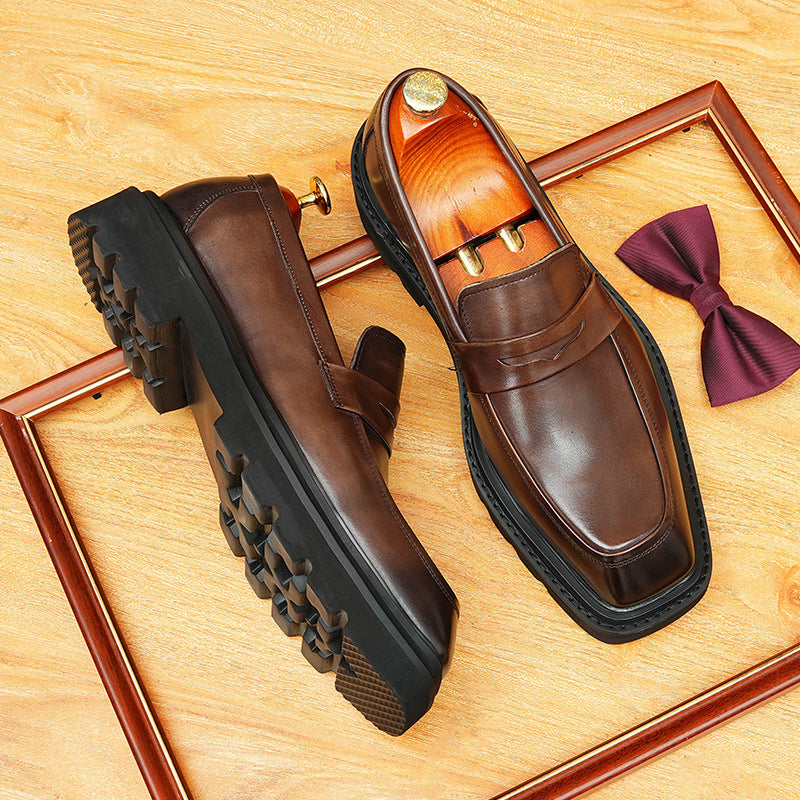 Men's Square Toe Penny Strap Chunky Sole Leather Loafers