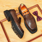 Men's Square Toe Penny Strap Chunky Sole Leather Loafers