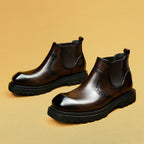 Men's dark brown leather chelsea dress boots, elastic side panels, chunky lug sole