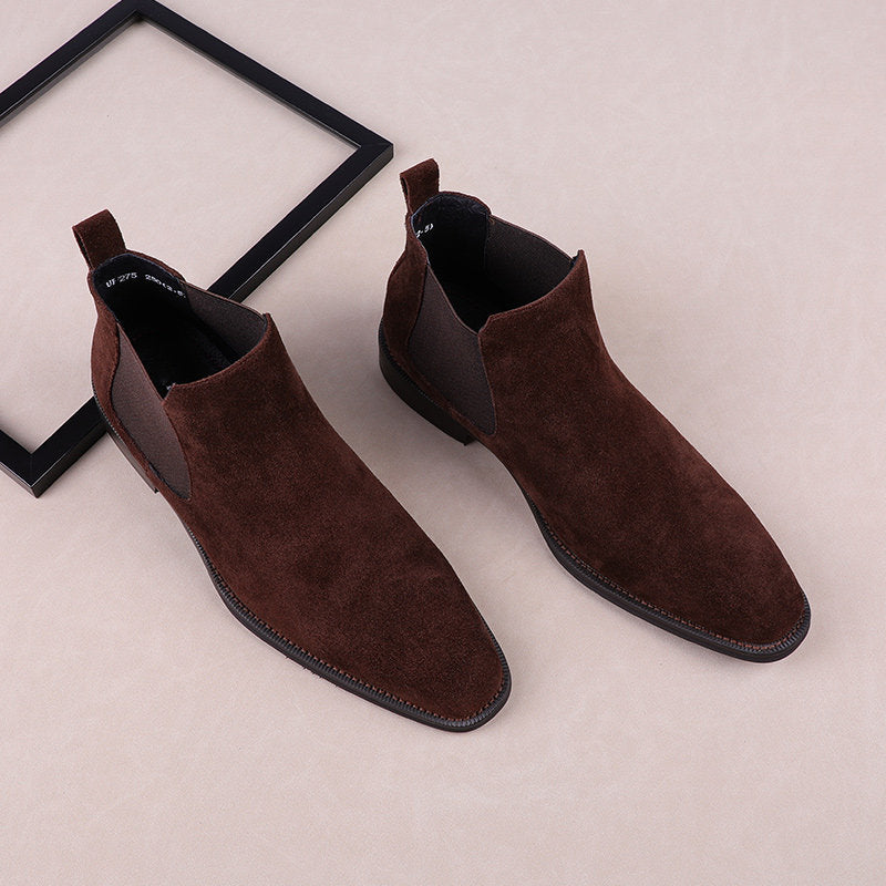 Dark brown Chelsea dress boots with suede upper, elastic side panels, low heel