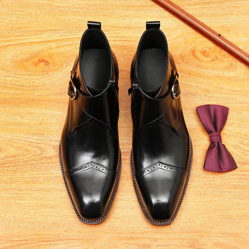 Men's Cap Toe Buckle Leather Side-Zip Dress Boots