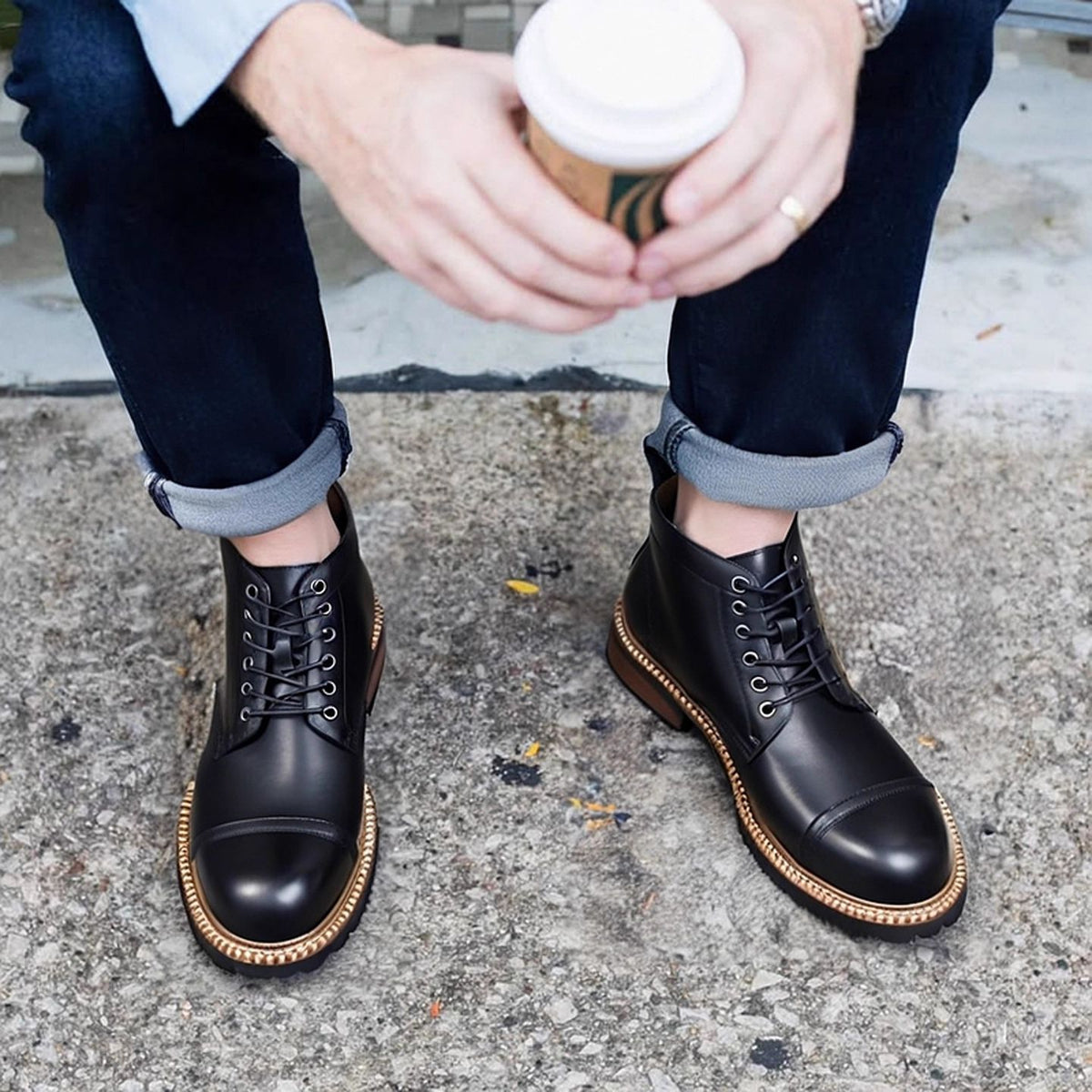Cap Toe Leather Contrast-Welt Lace-Up Boots for Men