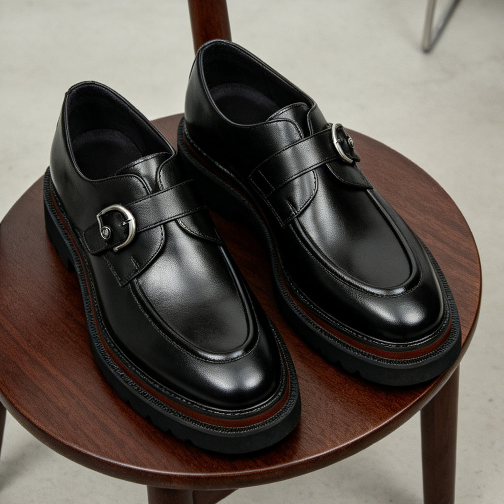 Men's Black White Pointed Toe Single Monk Strap Leather Shoes