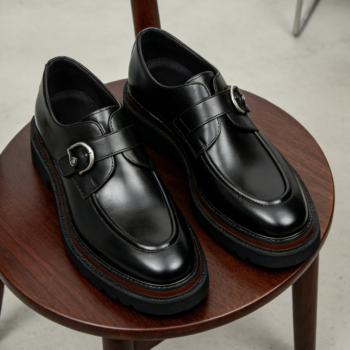 Men's Black White Pointed Toe Single Monk Strap Leather Shoes