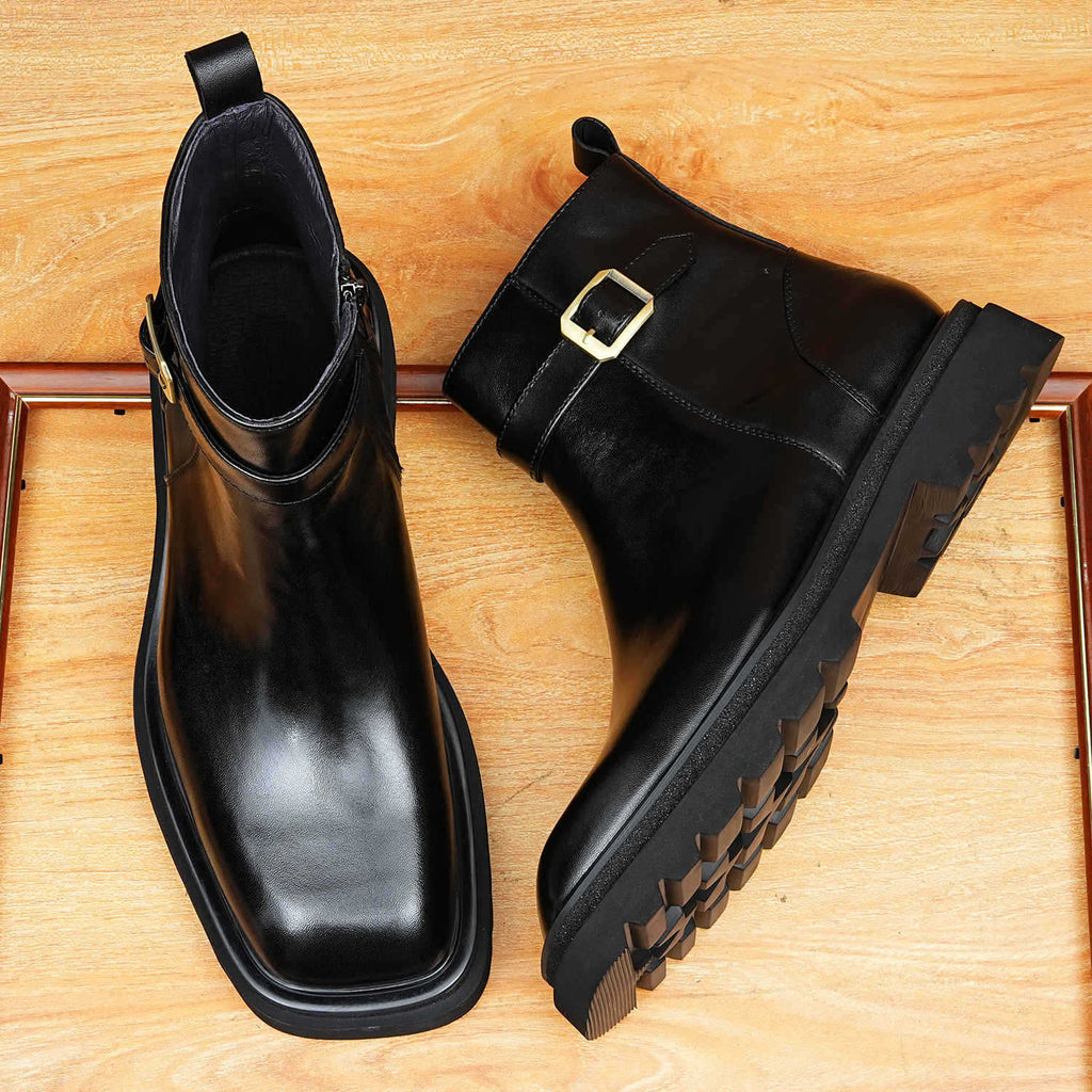 Men's Square Toe Buckle Thick Sole Leather Zip Boots