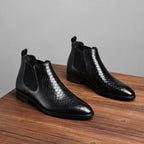 Men's genuine leather Chelsea dress boots, black slip-on style with side elastic gore