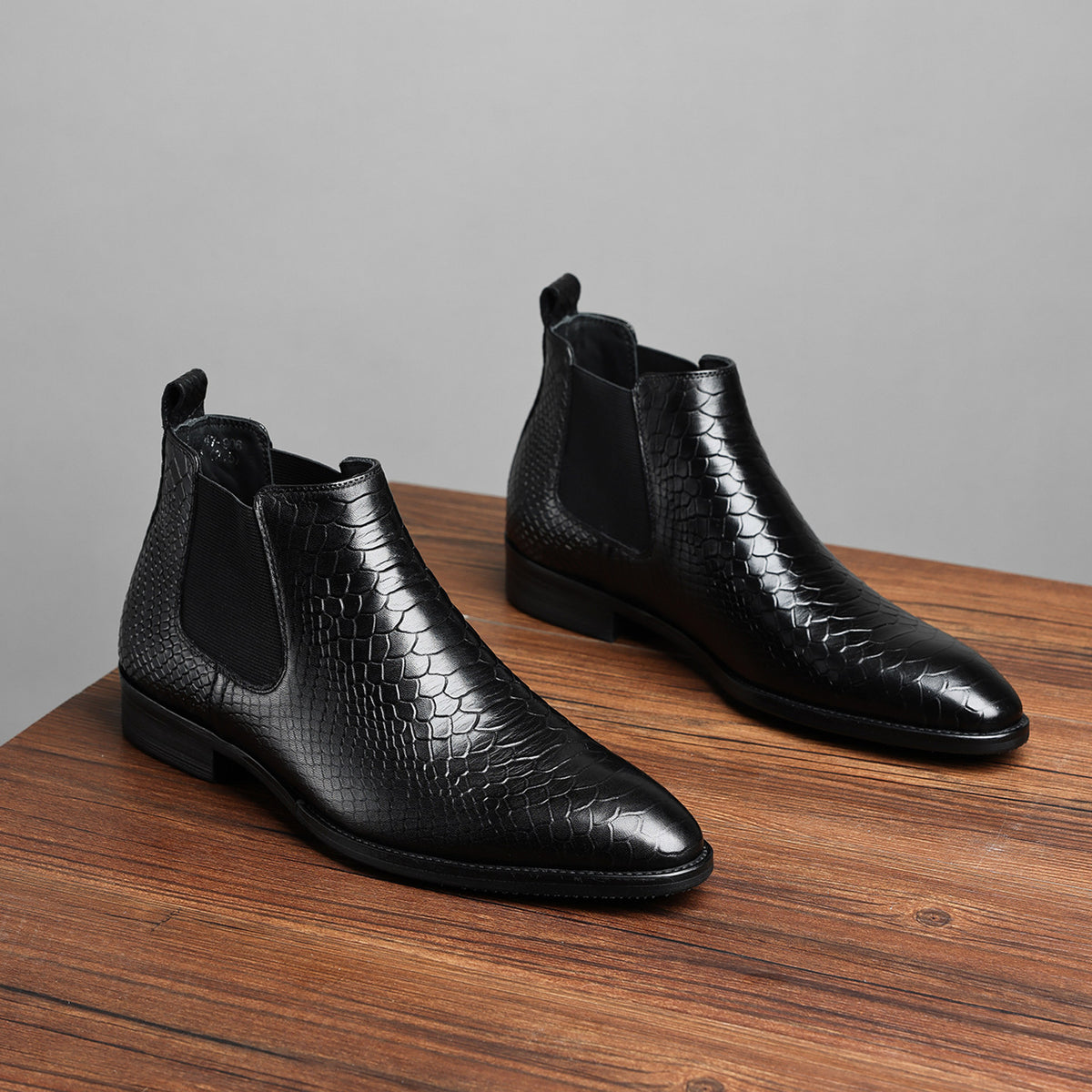 Men's genuine leather Chelsea dress boots, black slip-on style with side elastic gore