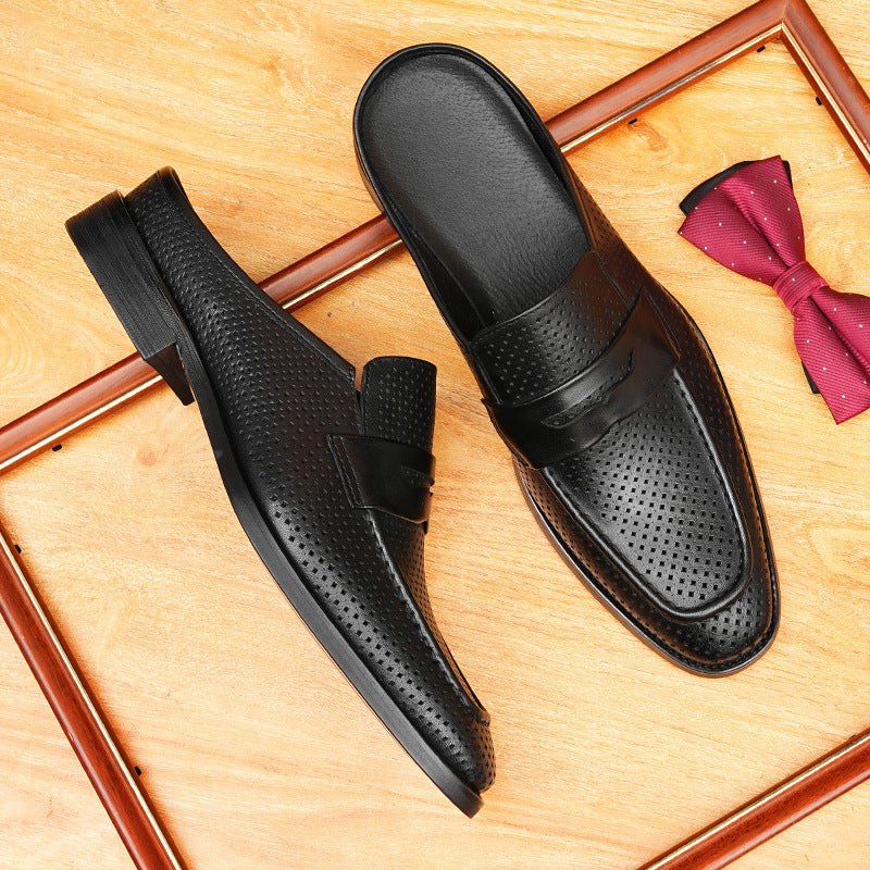 Men's Perforated Pointed Toe Leather Mule Loafers