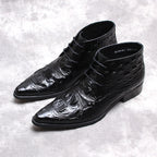 Men's black lace-up dress boots, angled pair showing wingtip-style toe and block heel