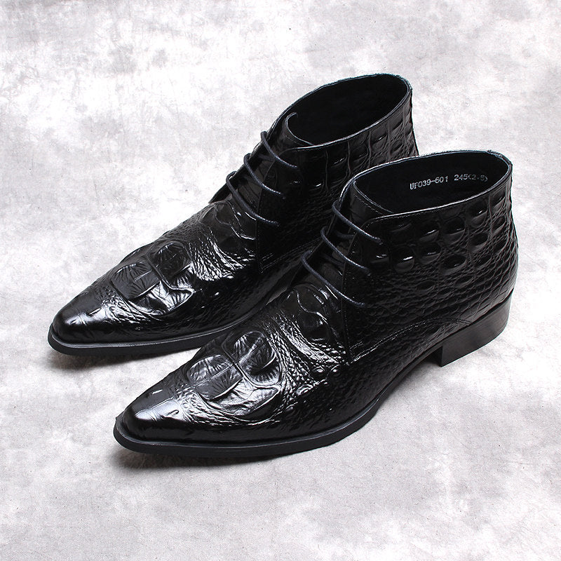 Men's black lace-up dress boots, angled pair showing wingtip-style toe and block heel