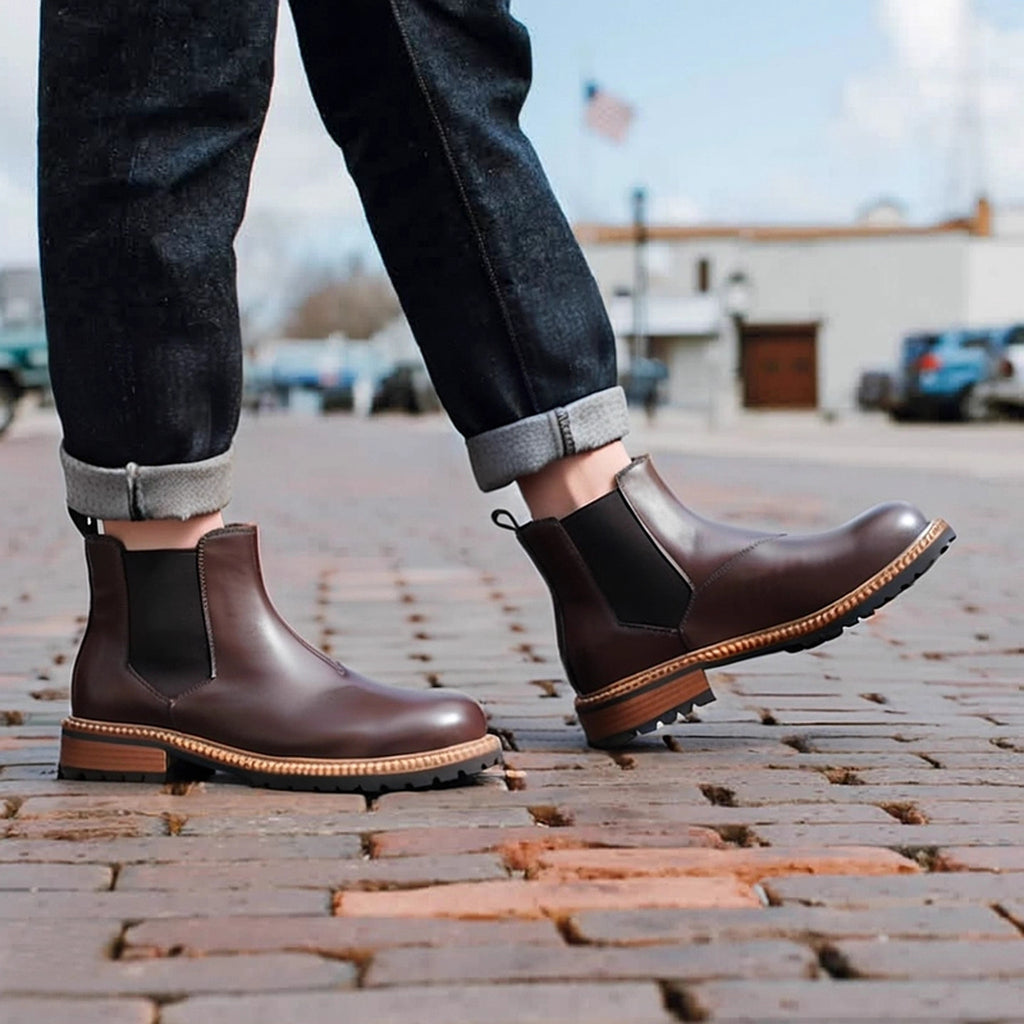 Men's dark brown pointed-toe Chelsea dress boots worn, side view on brick sidewalk