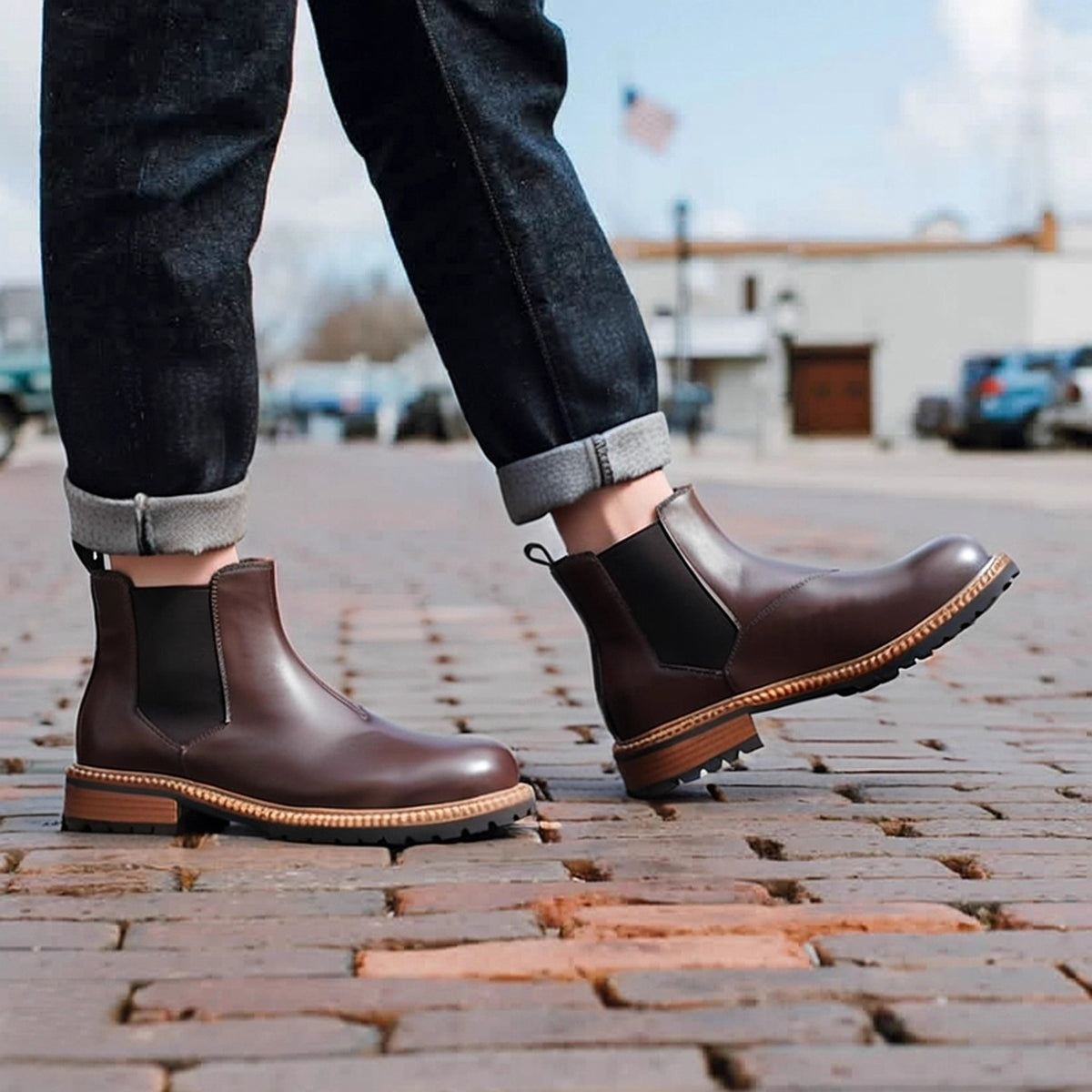 Men's dark brown pointed-toe Chelsea dress boots worn, side view on brick sidewalk