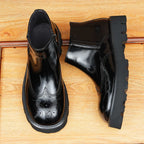 Men's Round Toe Brogue Thick Sole Leather Zip Boots
