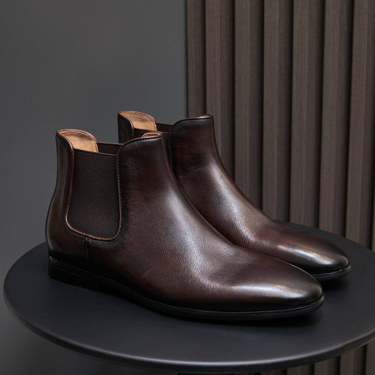 Pointed-toe suede Chelsea dress boot in dark brown, elastic side gore and pull tab