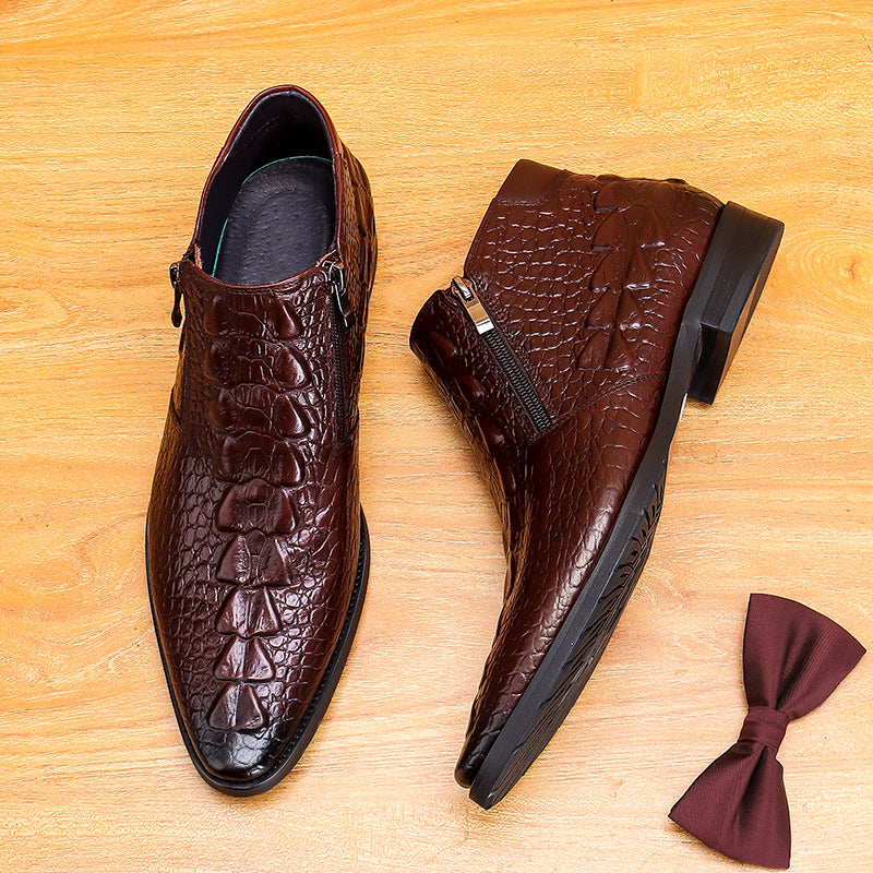 Men's Pointed Croc Embossed Leather Double-Zip Boots