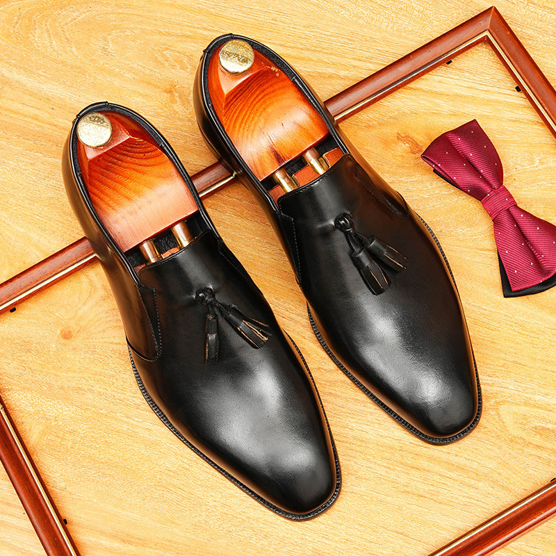 Men's Burnished Pointed Toe Tassel Leather Loafers