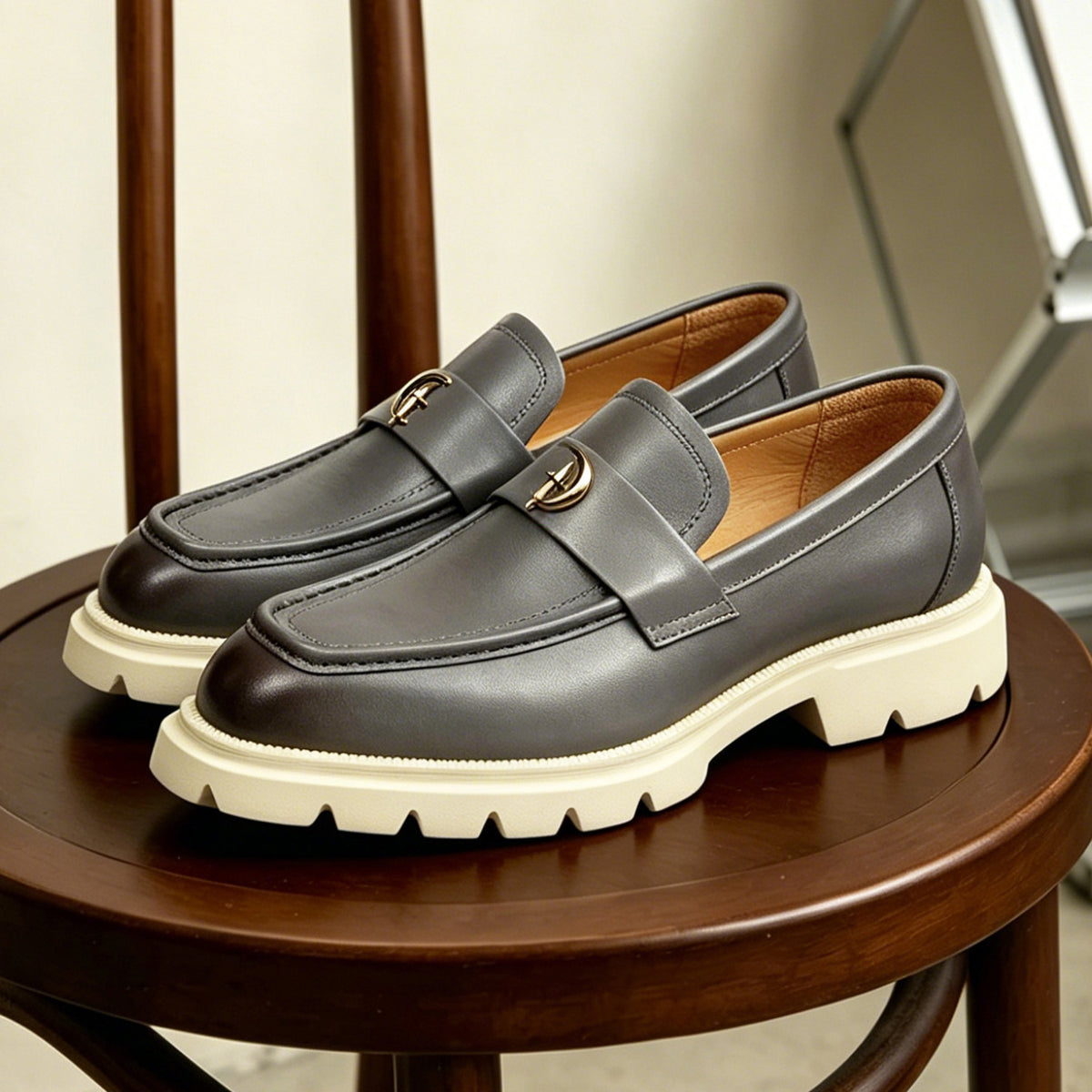 Men's Burnished-Style Thick Sole Leather Casual Loafers