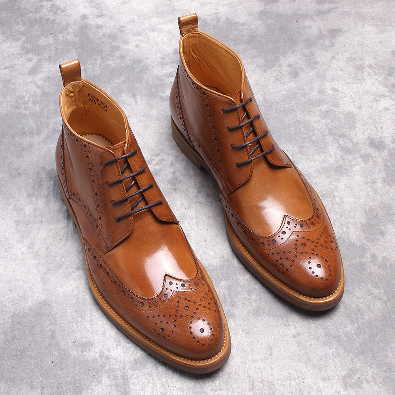 Brown wingtip lace-up dress boots, pair view with perforated toe details