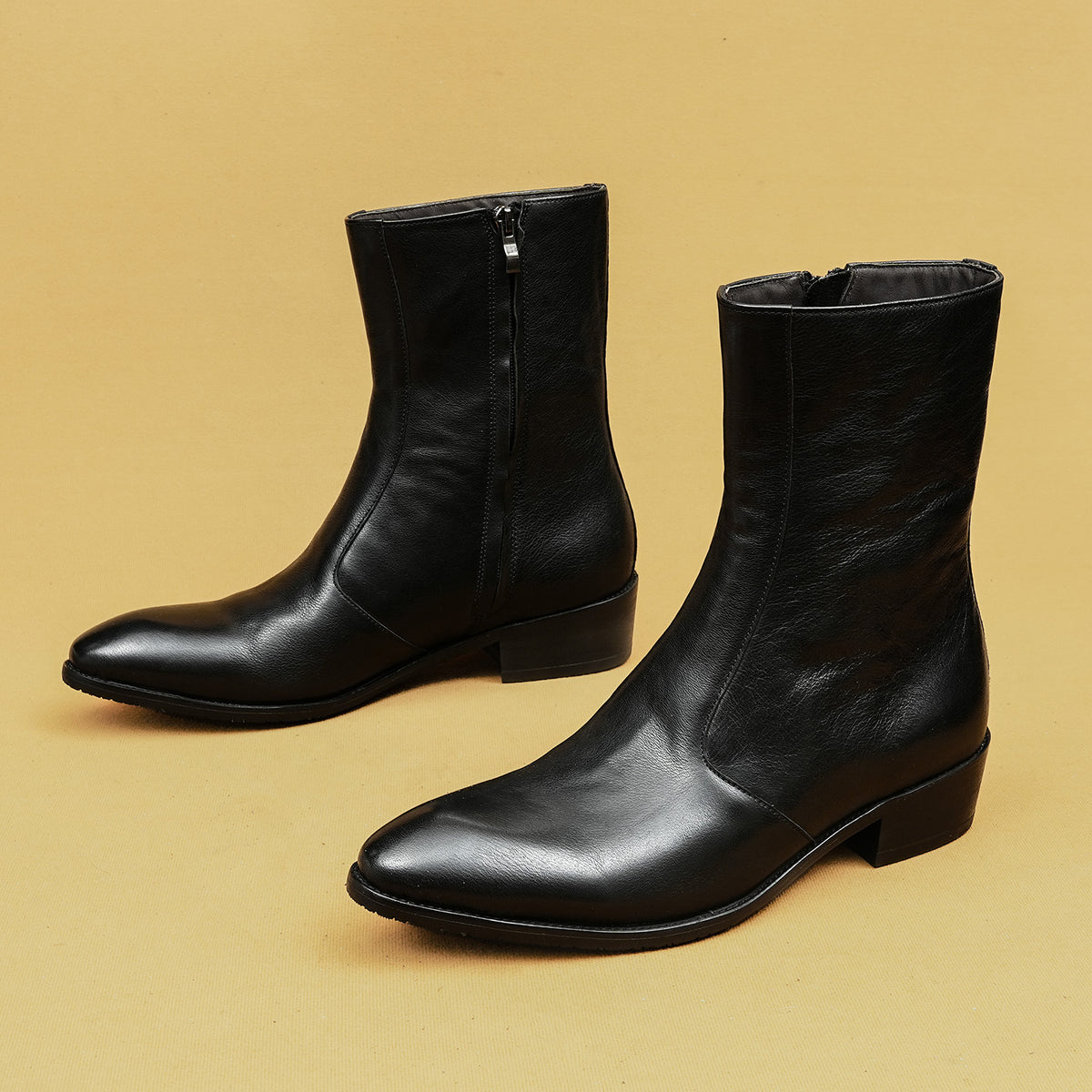 Men's black leather side-zip dress boots with thick sole and square toe
