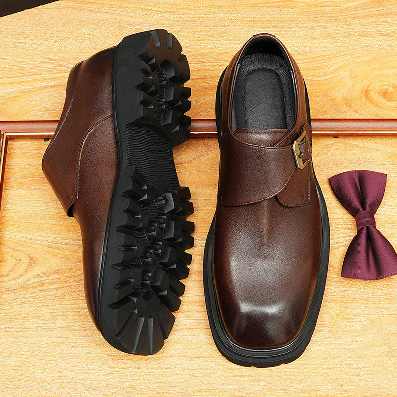 Men's Smooth Square Toe Single Monk Strap Leather Shoes