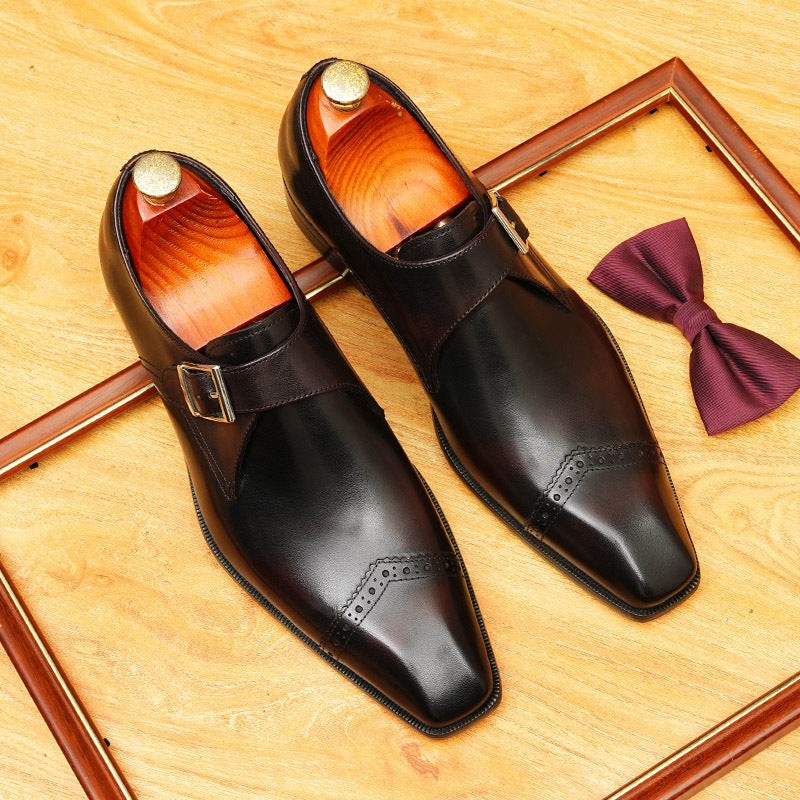 Men's Black Dark Brown Pointed Toe Single Monk Leather Shoes