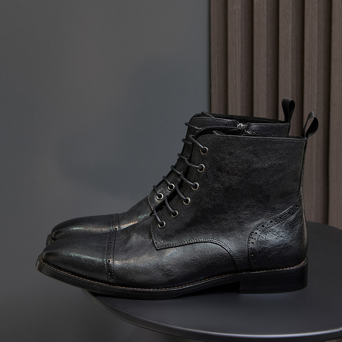 Cap Toe Leather Side-Zip Lace-Up Boots for Men