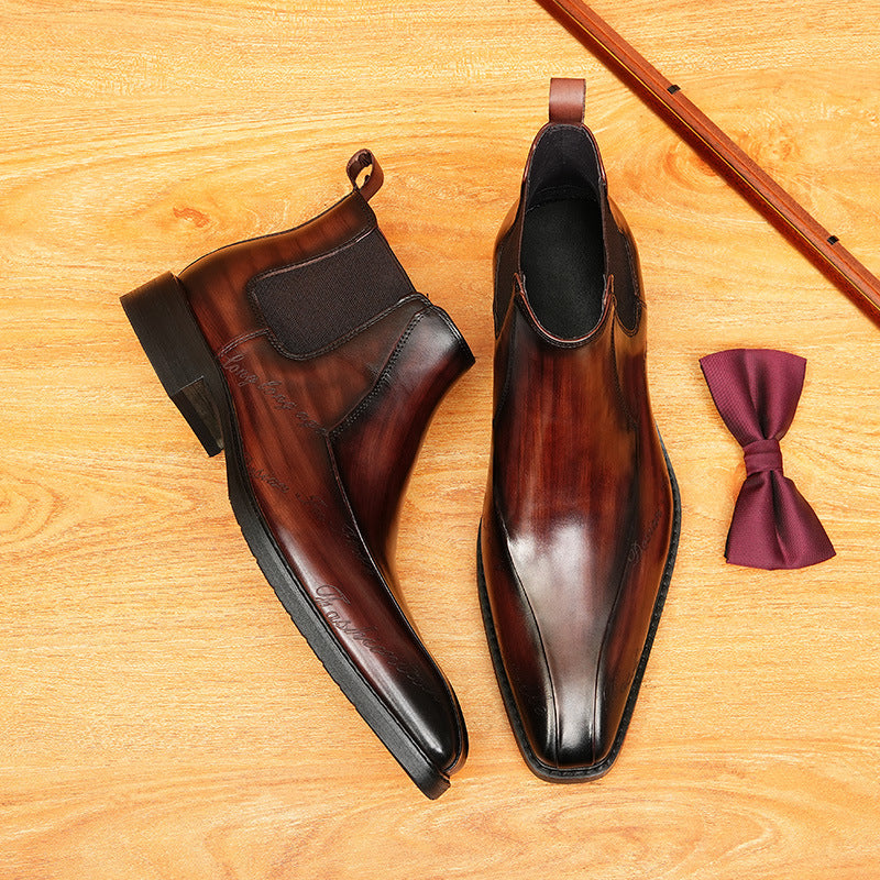 Men's Calligraphy Script Pointed Leather Chelsea Boots