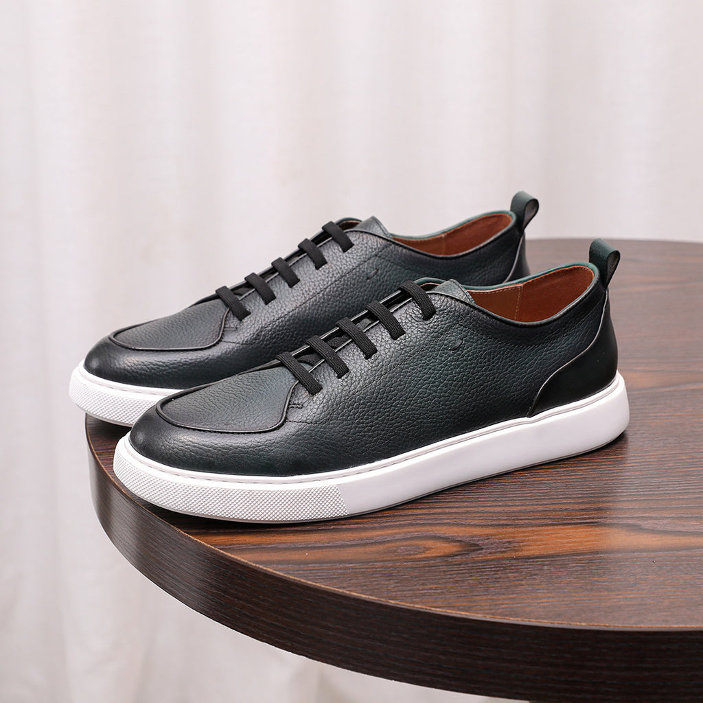 Men's genuine leather sneakers, black low-top lace-up with white contrast sole edge