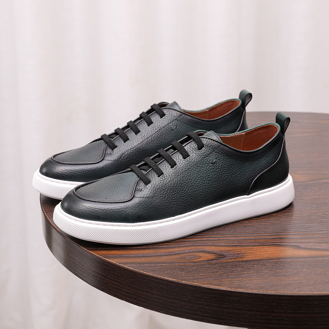 Men's genuine leather sneakers, black low-top lace-up with white contrast sole edge